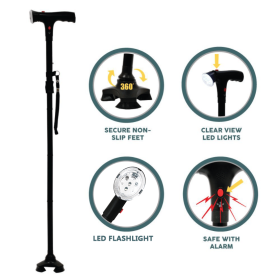 Collapsible Adjustable Height Cane With LED Light Alert Button Walking Stick